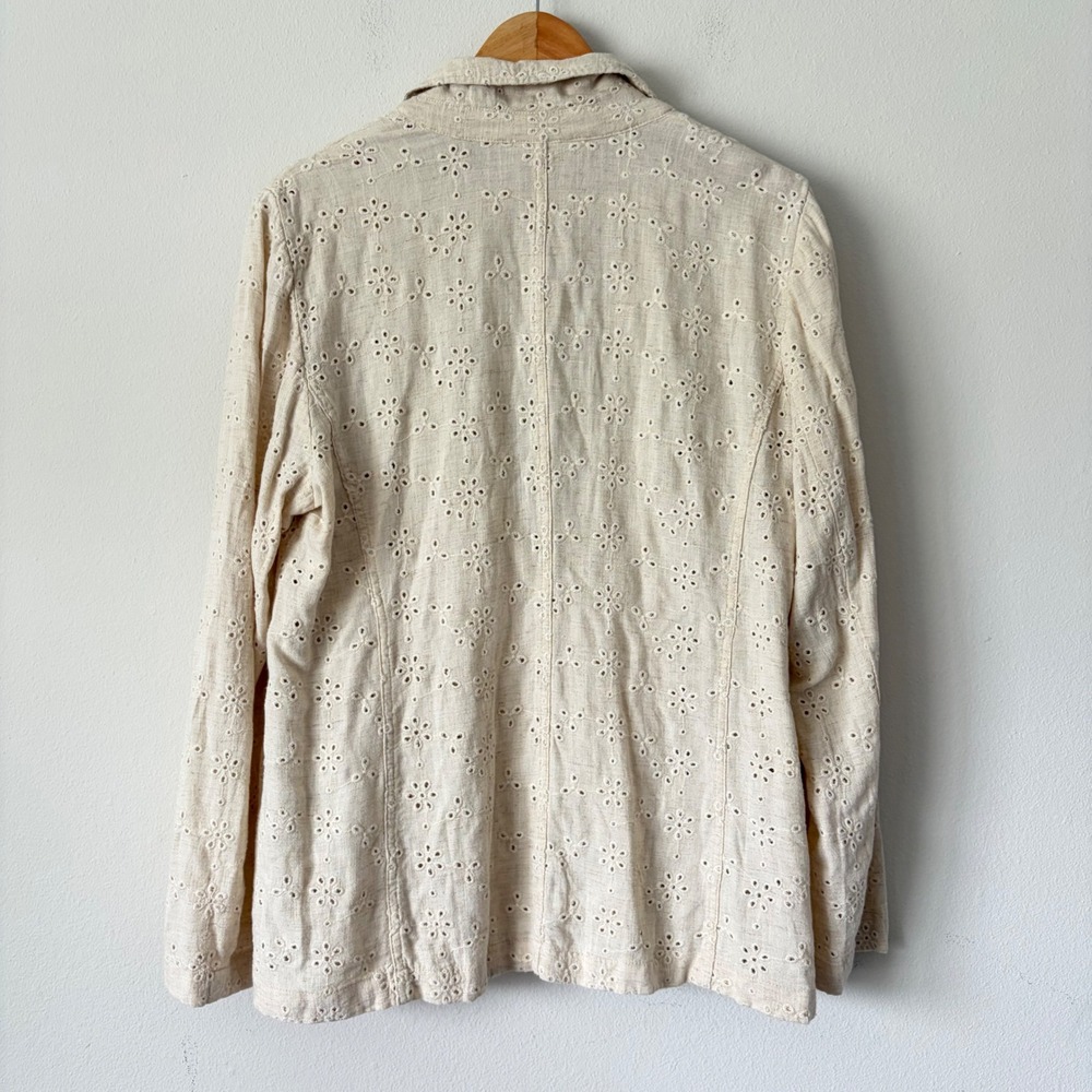 J. Jill Large Linen Blend Eyelet Floral Blazer Jacket Beige Tan Cottagecore - Picture 2 of 9